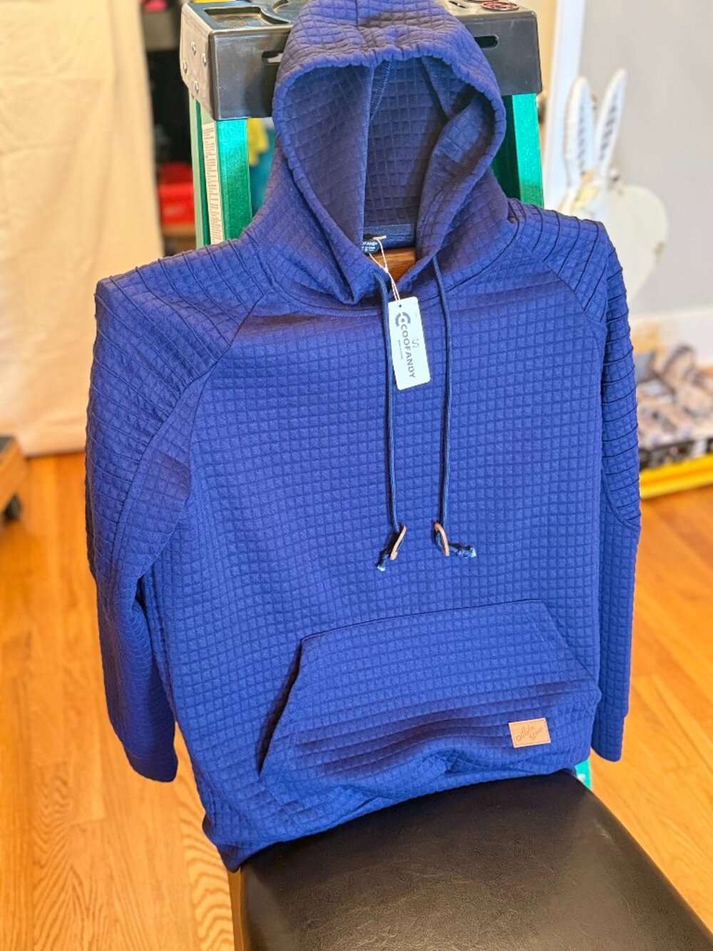 Coofandy Quilted Blue LS Hooded Sweatshirt w/Pocket Pouch Men's S NWT!